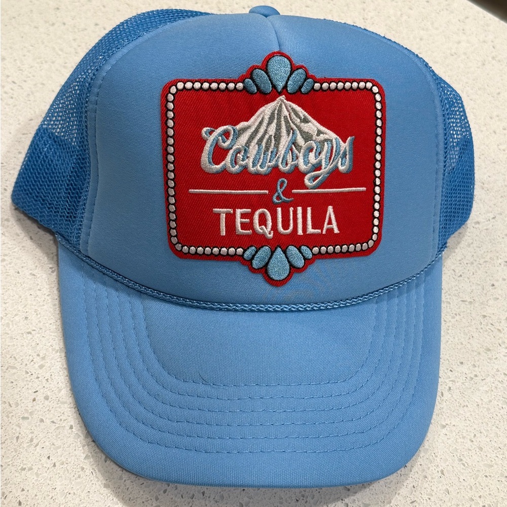 Blue  Trucker Hat with Red Patch